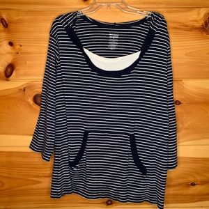 Basic Editions 2X Navy/White Stripe Top With Hood